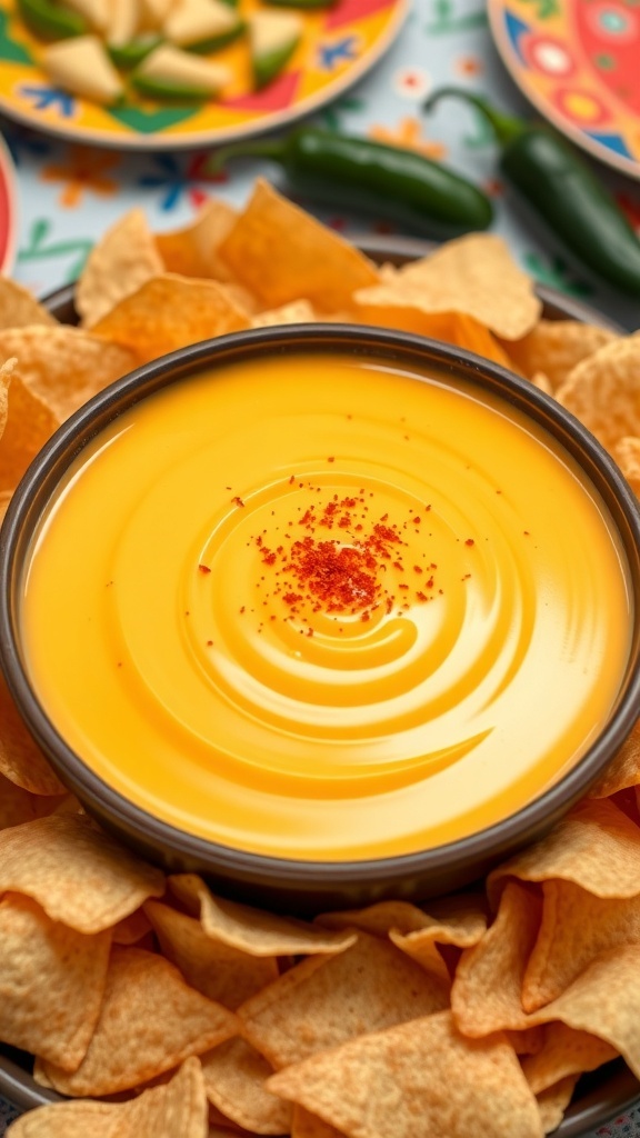Creamy Nacho Cheese Dipping Sauce Recipe A bowl of creamy nacho cheese sauce with tortilla chips, garnished with paprika and jalapeños.